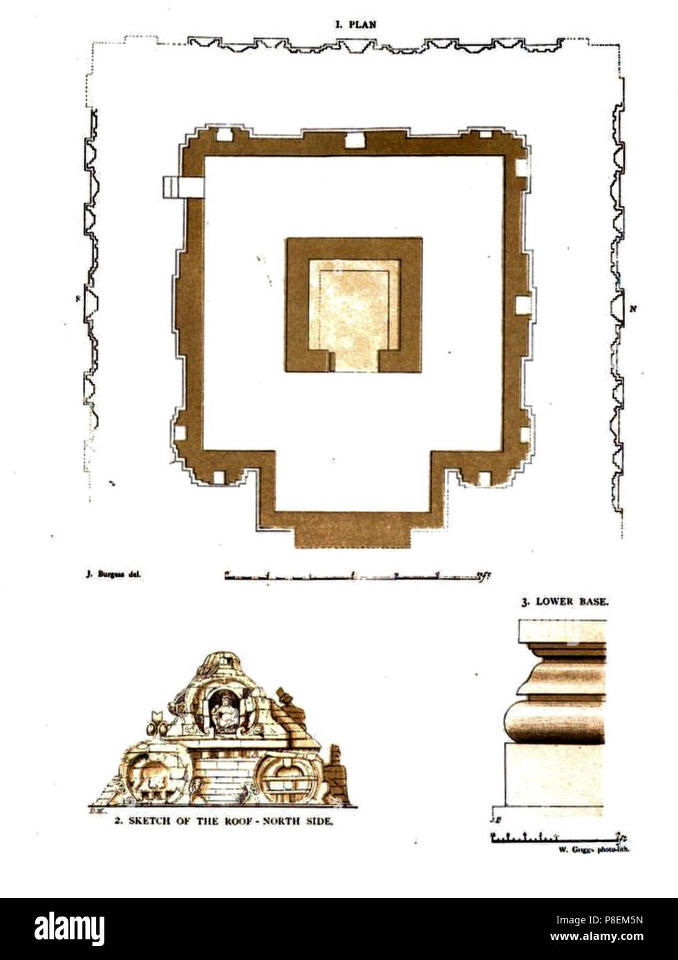 600 CE Gop Surya temple, Zinavari Gujarat piano, lato nord schizzo del tetto, la base inferiore di stampaggio, 1876 sketch. Foto Stock