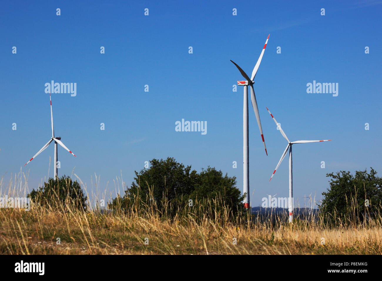 I generatori eolici, mulini a vento nel paesaggio, Windgeneratoren in der Landschaft, Bayern, Deutschland Foto Stock