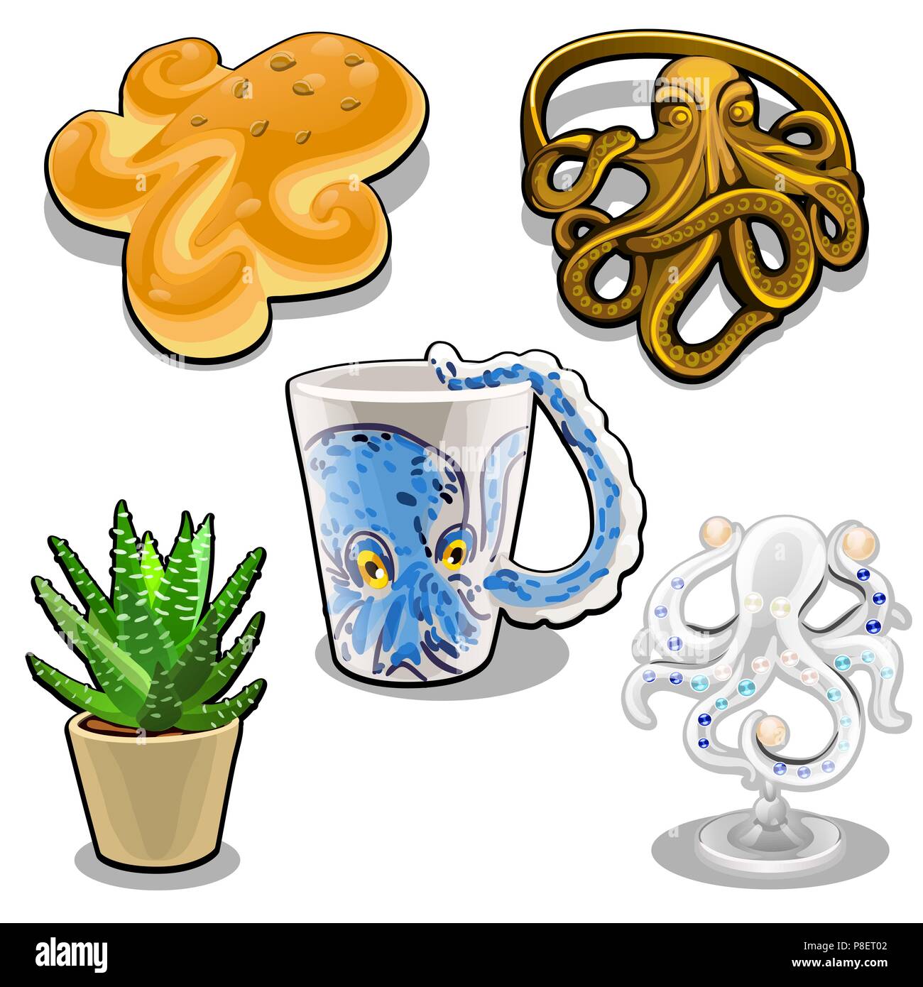 Il set di oggetti in forma di un polipo isolato su sfondo bianco. Set a tema. Vector cartoon close-up illustrazione. Illustrazione Vettoriale