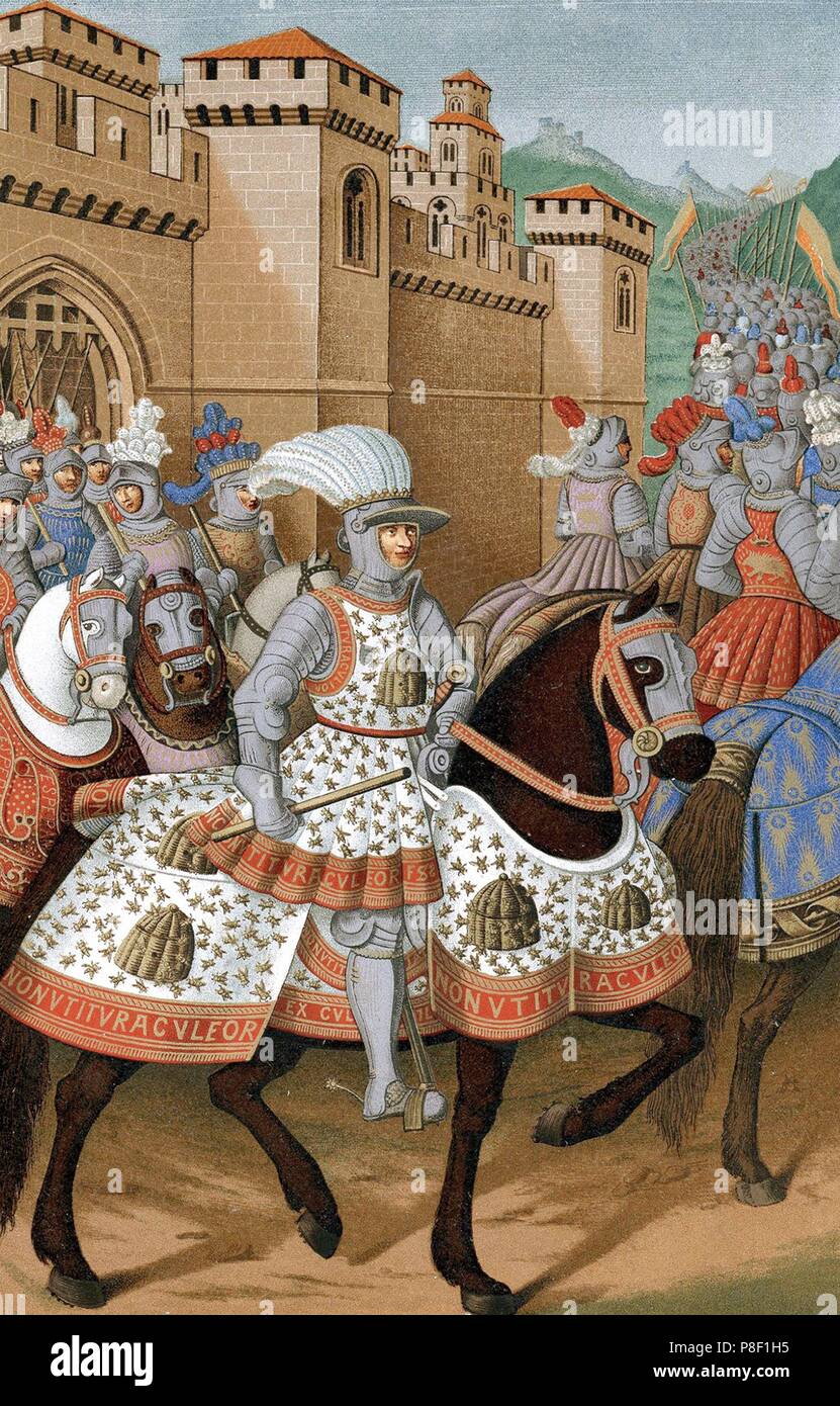 Luigi XII di Francia a cavallo con il suo esercito per punire la città di Genova, 24 aprile 1507. Museo: BIBLIOTHEQUE NATIONALE DE FRANCE. Foto Stock