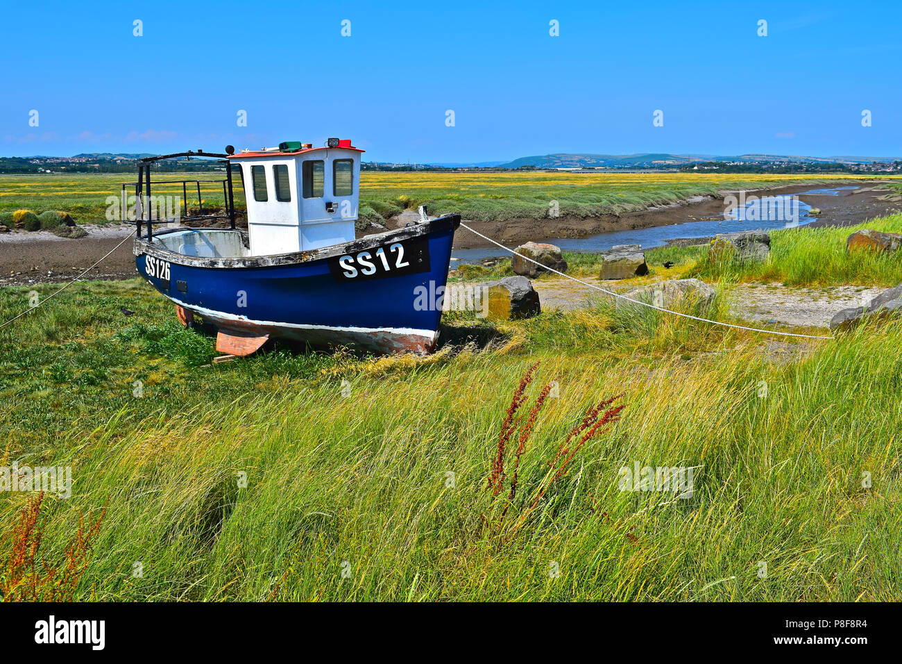 Una graziosa piccola barca da pesca in piedi alto e asciutto sulla Lougher estuario a Penclawdd, North Gower, Galles del Sud Foto Stock