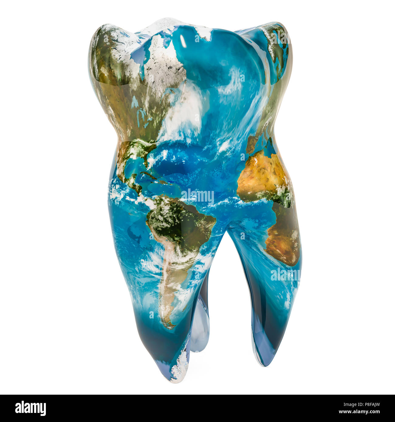 Dente con Blue Earth texture map. Odontoiatria globale concetto, rendering 3D Foto Stock