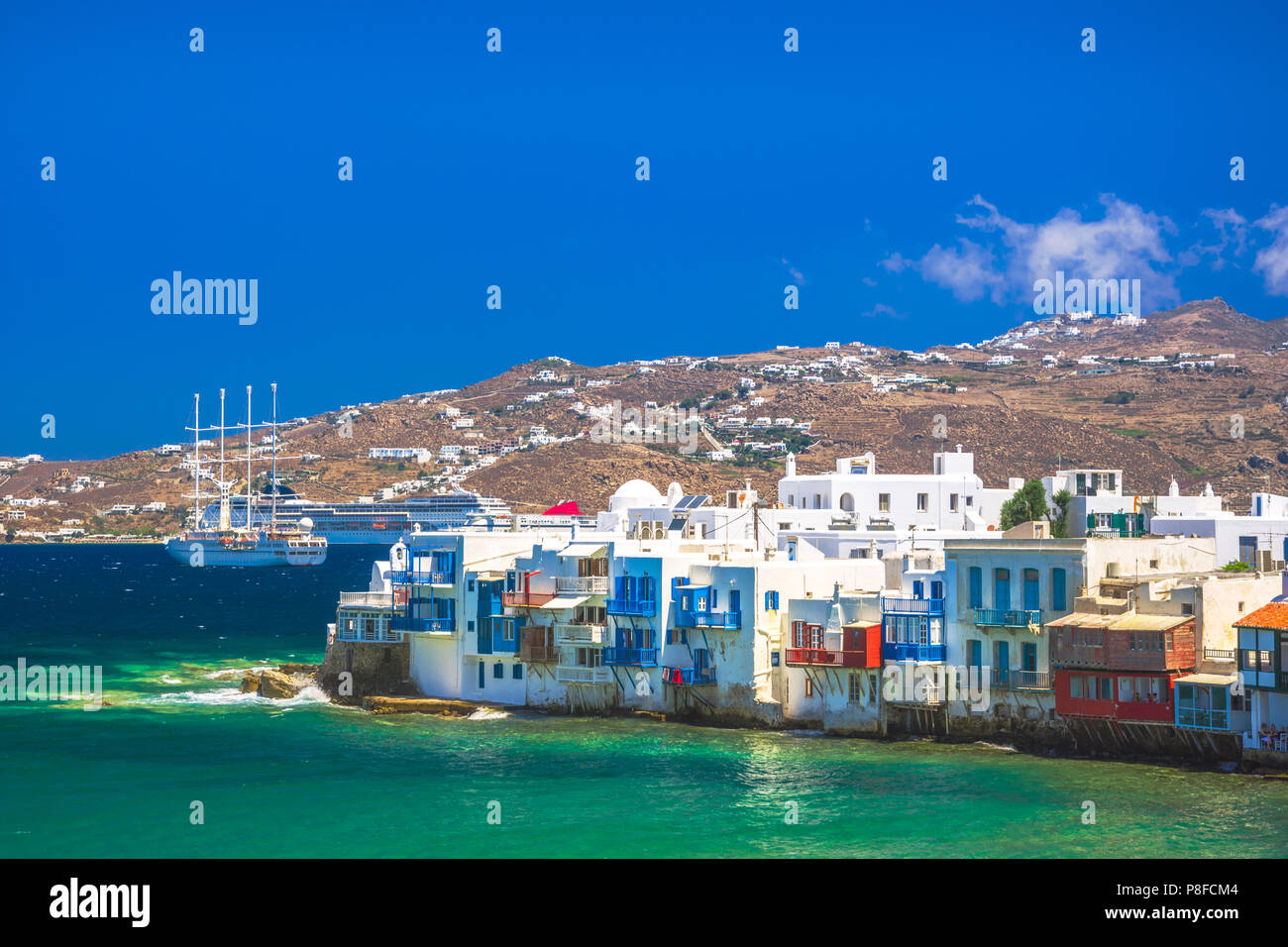 Vista del famoso pittorica Venezia piccola baia di Mykonos città di Mykonos in Grecia Foto Stock
