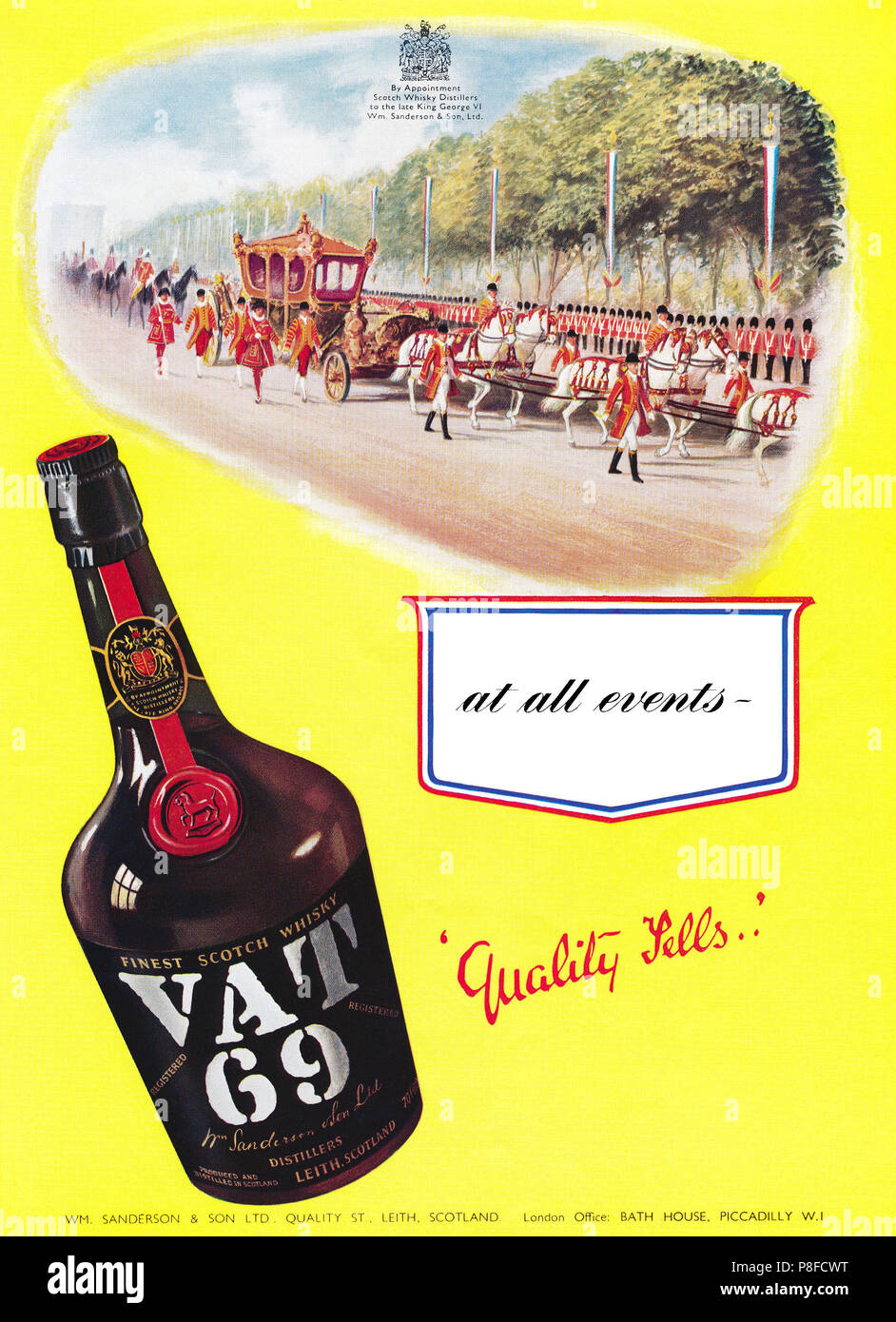 1953 British pubblicità per l'Iva 69 Scotch whisky in incoronazione anno. Foto Stock