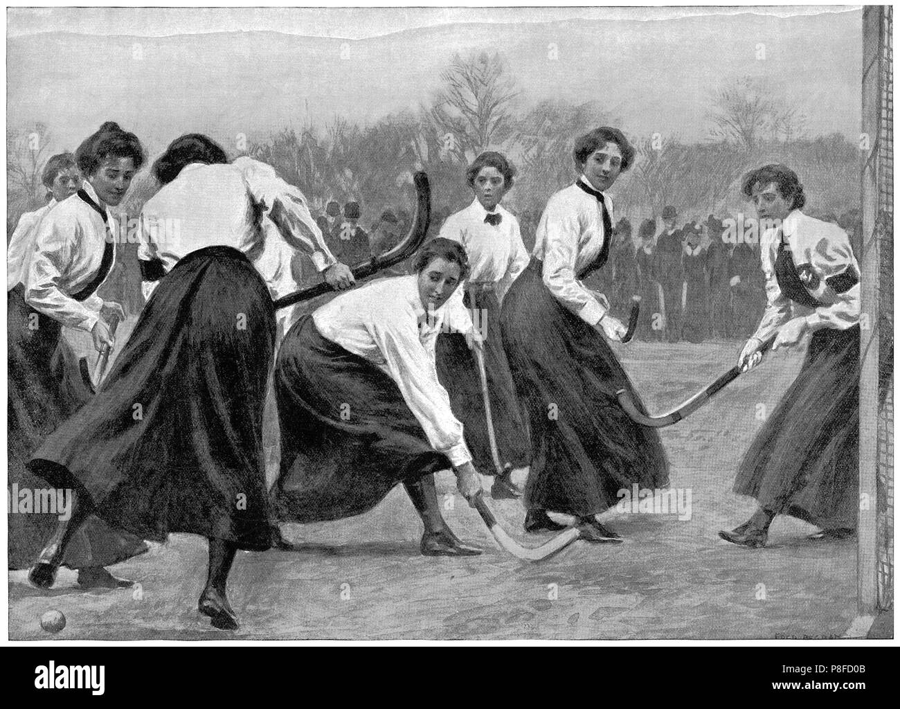 1904 Illustrazione vintage di Edwardian donne giocatori di hockey. Da ragazza della propria carta, 2 gennaio 1904. Foto Stock