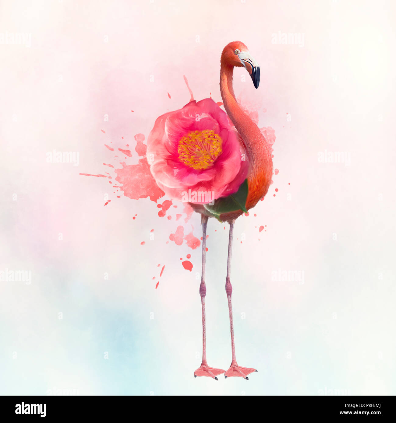 La pittura digitale del fenicottero rosa con fiore Foto Stock