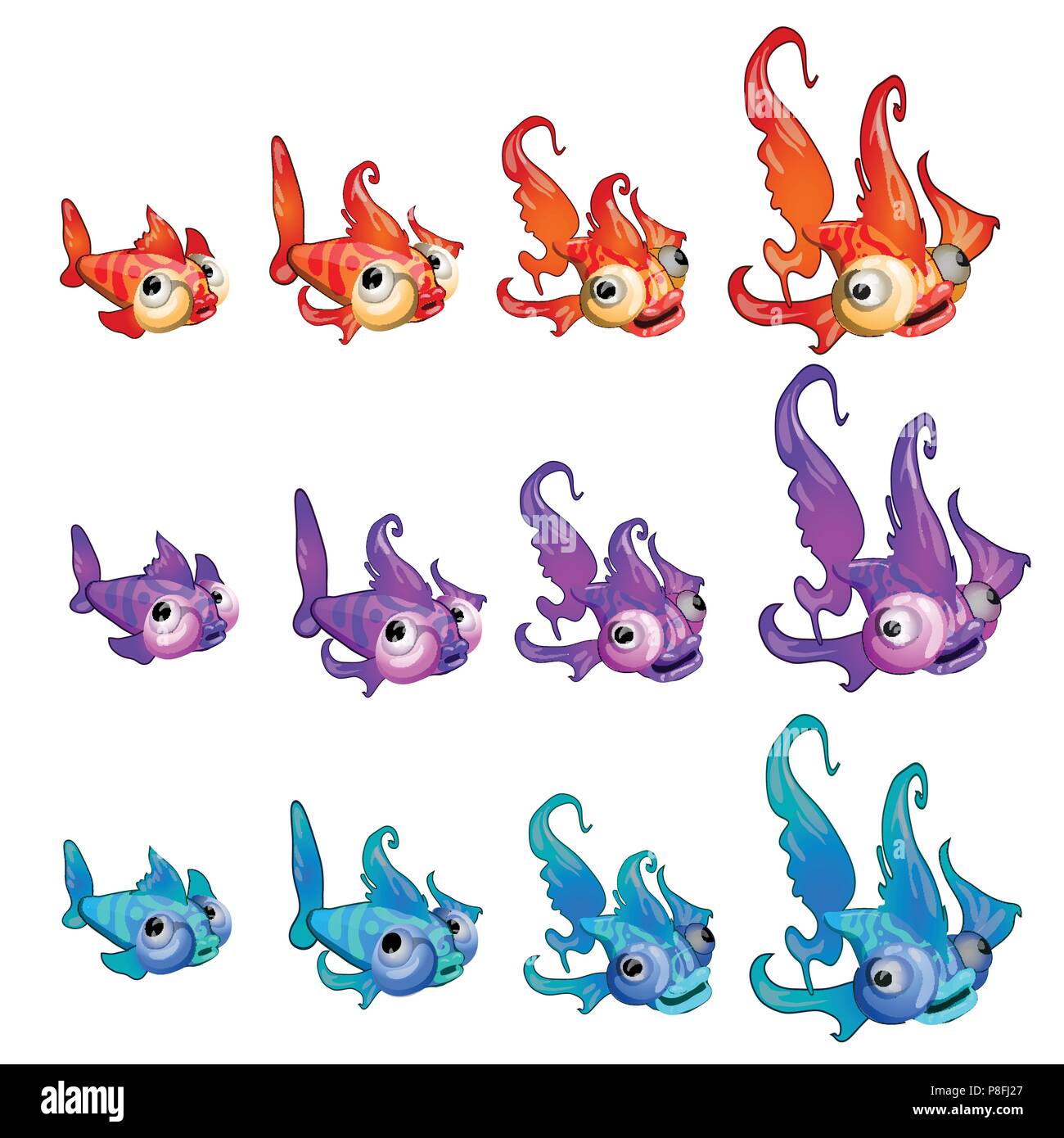 Serie di fasi di una crescente del cartoon pesci colorati isolato su uno sfondo bianco. Vettore di Cartoon close-up illustrazione. Illustrazione Vettoriale