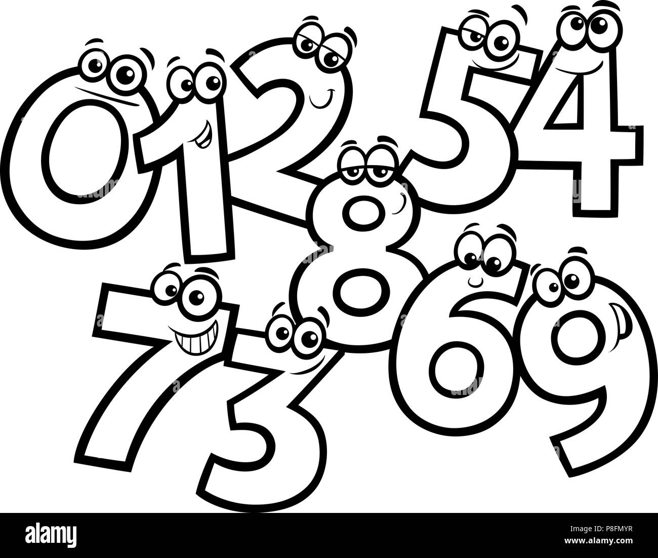 Bianco e nero Cartoon educativo illustrazioni dei numeri di base gruppo di caratteri libro da colorare Illustrazione Vettoriale