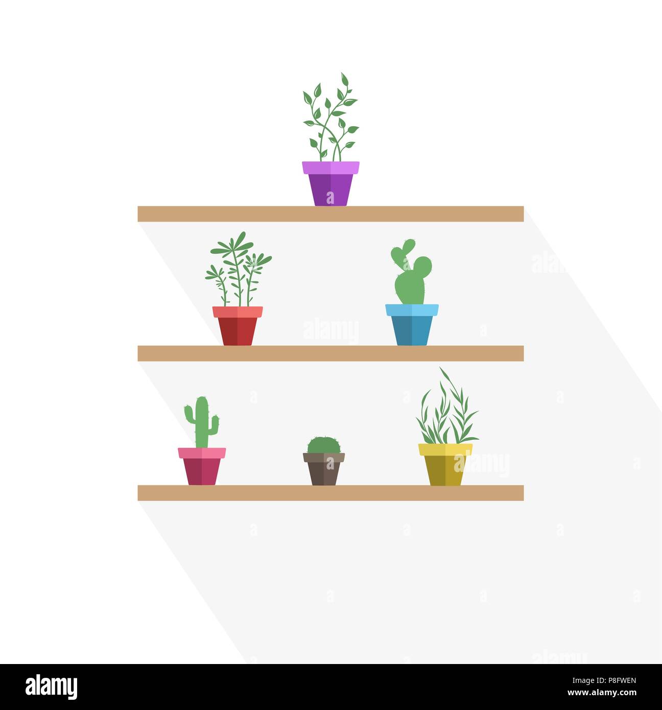 Illustrazione Vettoriale di vasi di piante e cactus, tre pot decorazione piante da giardino Illustrazione Vettoriale