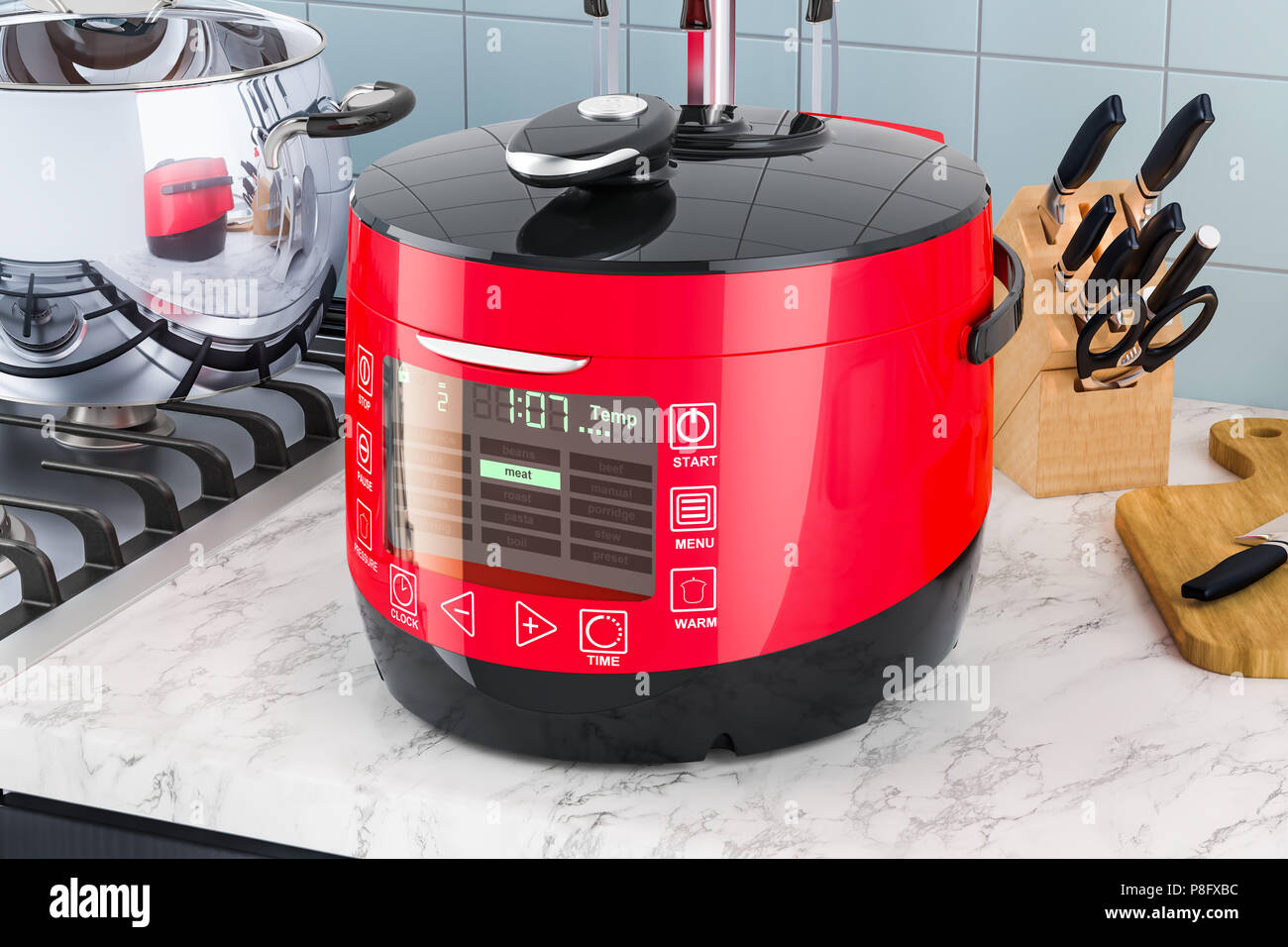 Multicooker automatico sul tavolo della cucina. Il rendering 3D Foto Stock