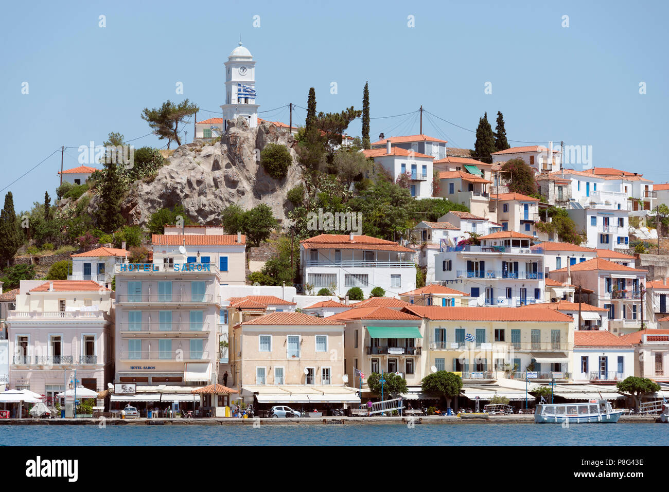 Vista da Galatas, Argolide, Poros, isola di Poros, Isole Saroniche, Peloponneso, Grecia Foto Stock
