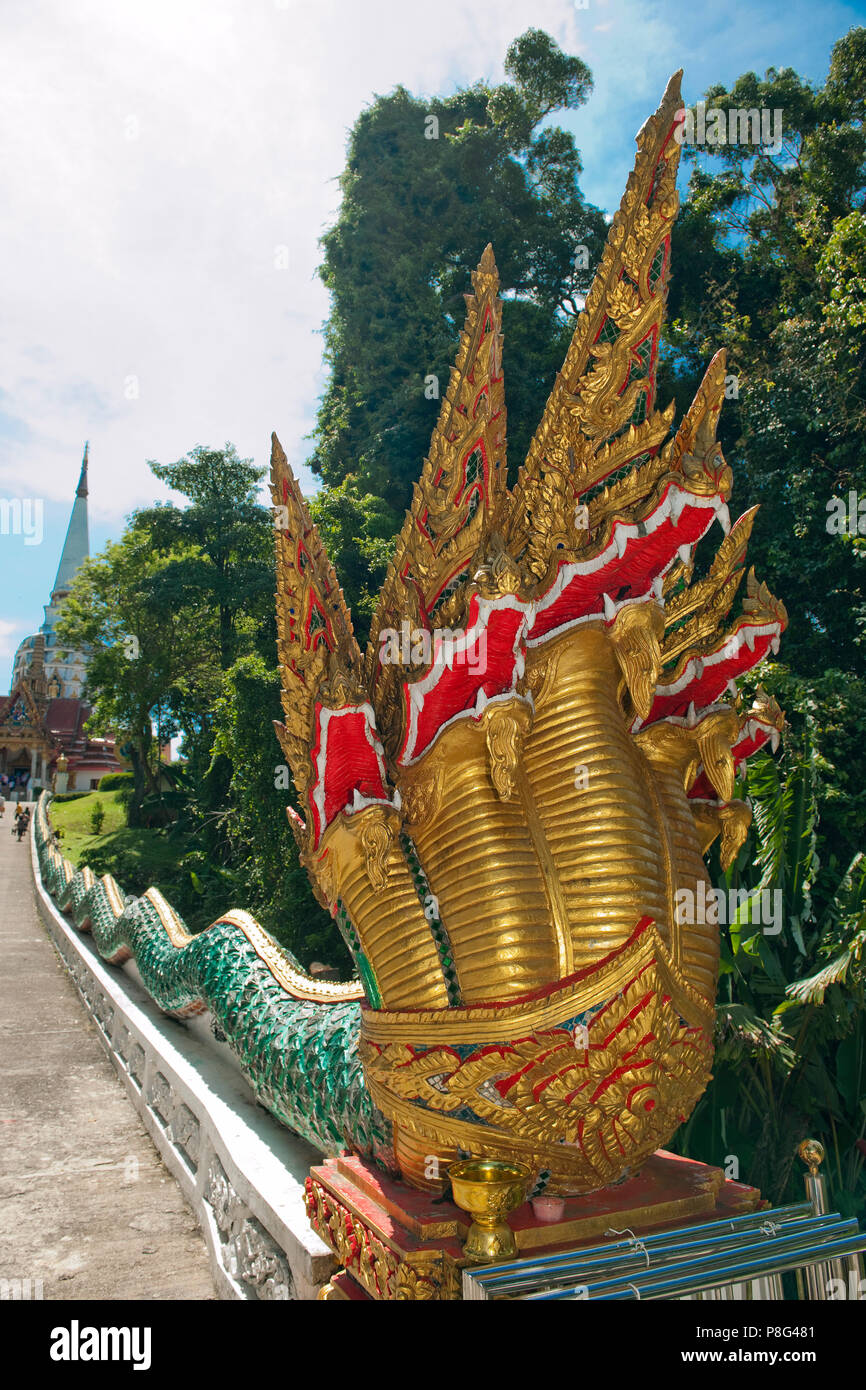 Naga statua, snake, multi guidato re cobra, Wat Bang Riang, buddhistic tempio, Thap messo, Amphoe hap messo, Phang Nga, Thailandia, Asia Foto Stock