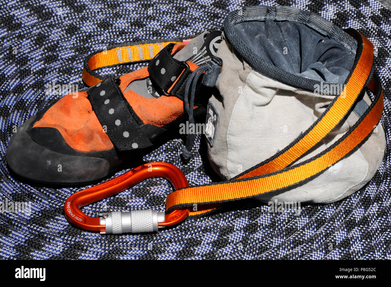 Rock-arrampicata attrezzature, rock-climbing, outdoor arrampicata, tessitura, arrampicata scarpa, scarpe da arrampicata, chalk-bag Foto Stock