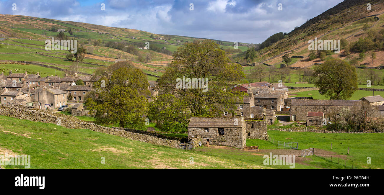 Regno Unito, Inghilterra, Yorkshire, Swaledale, Thwaite, case di villaggio fattorie e fienili di campo al di sotto di pendici della collina Kisdon, panoramica Foto Stock