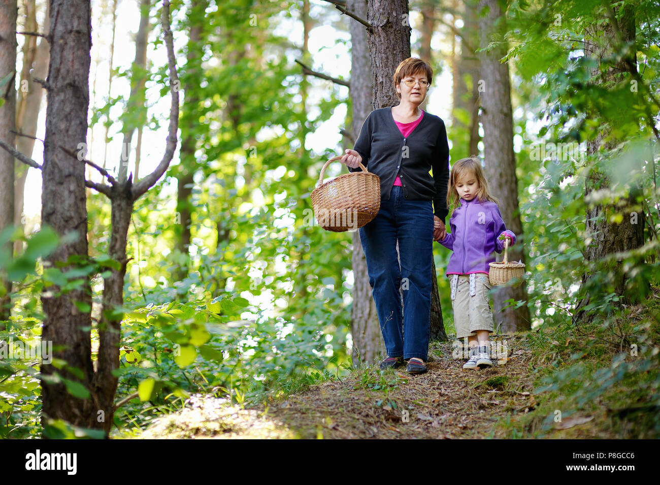 Nonna e la nipote di bacche di prelievo nella foresta Foto Stock