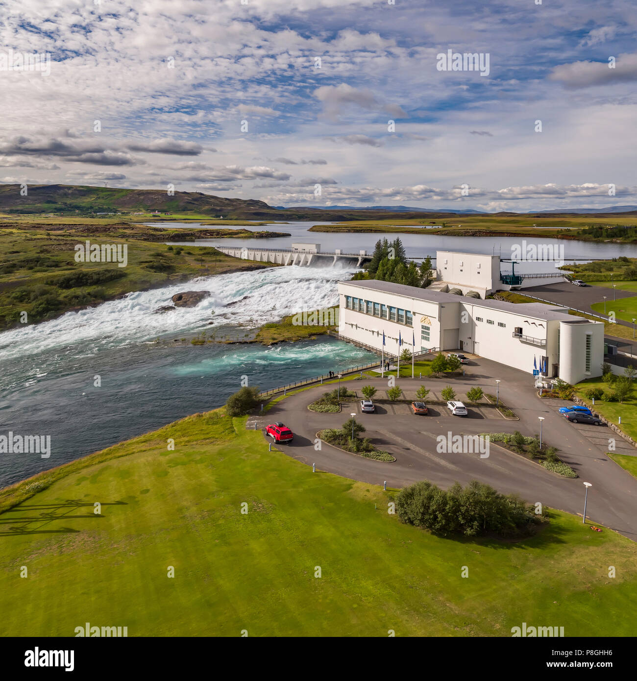 Centrale idroelettrica, Ljosafossvirkjun, Ulfljotsvatn lago, South Coast, Islanda Foto Stock