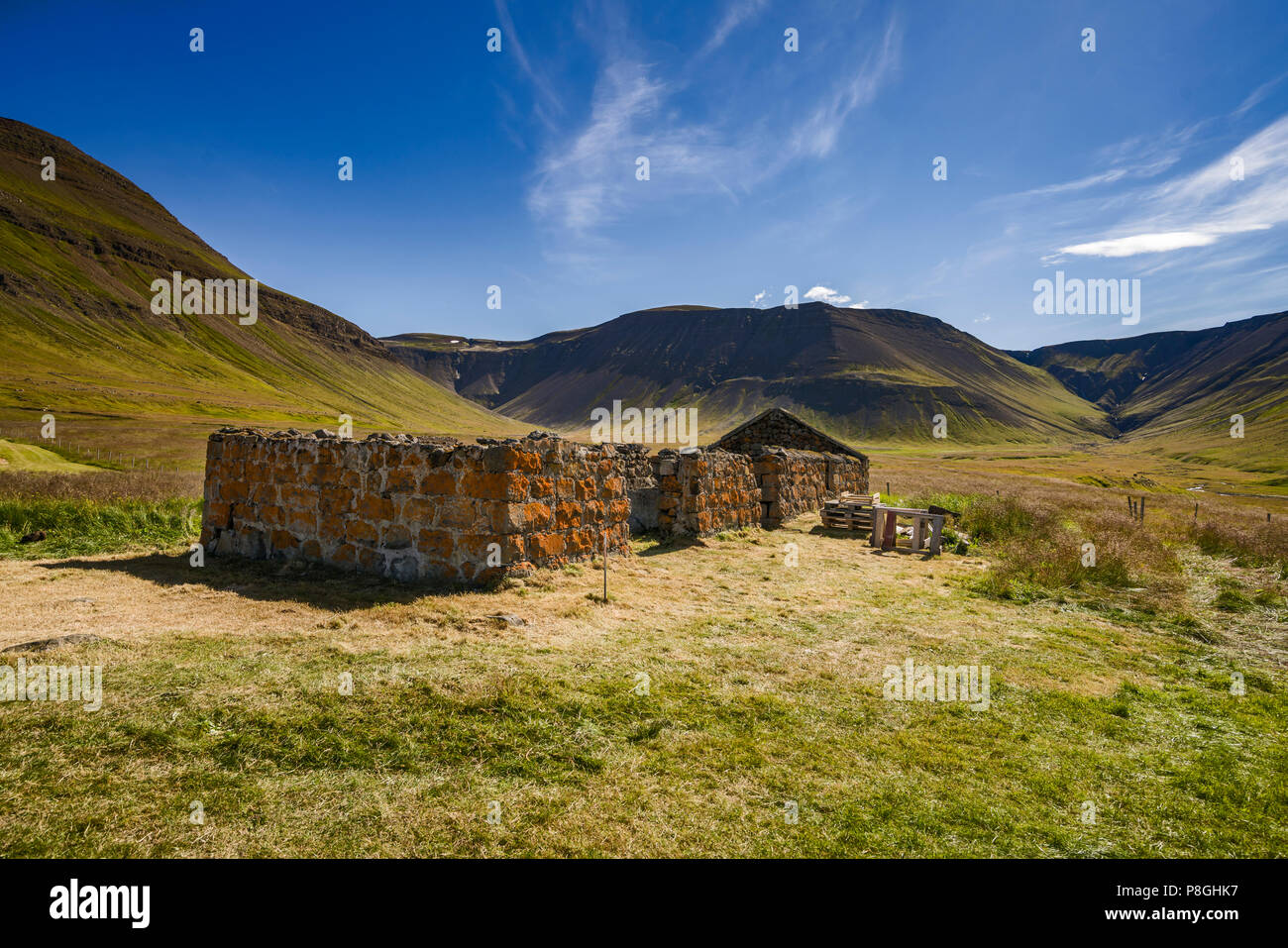 Le antiche rovine, Olafsdalur, Gilsfjordur fiordo, West fiordo, Islanda Foto Stock