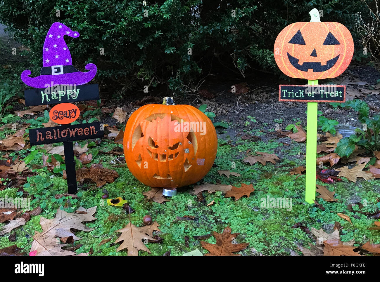 Berlino, Germania, Decorazione Halloween in un cortile anteriore Foto Stock