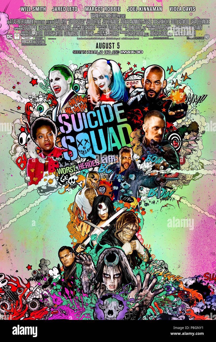 Suicide Squad (2016), diretto da David Ayer e interpretato da Will Smith, Jared Leto, Margot Robbie e Joel Kinnaman. Un gruppo di super criminali fu rilasciato dalla prigione per combattere l'Enchantress. Poster US One sheet ***SOLO PER USO EDITORIALE***. Credito: BFA / Warner Bros Foto Stock