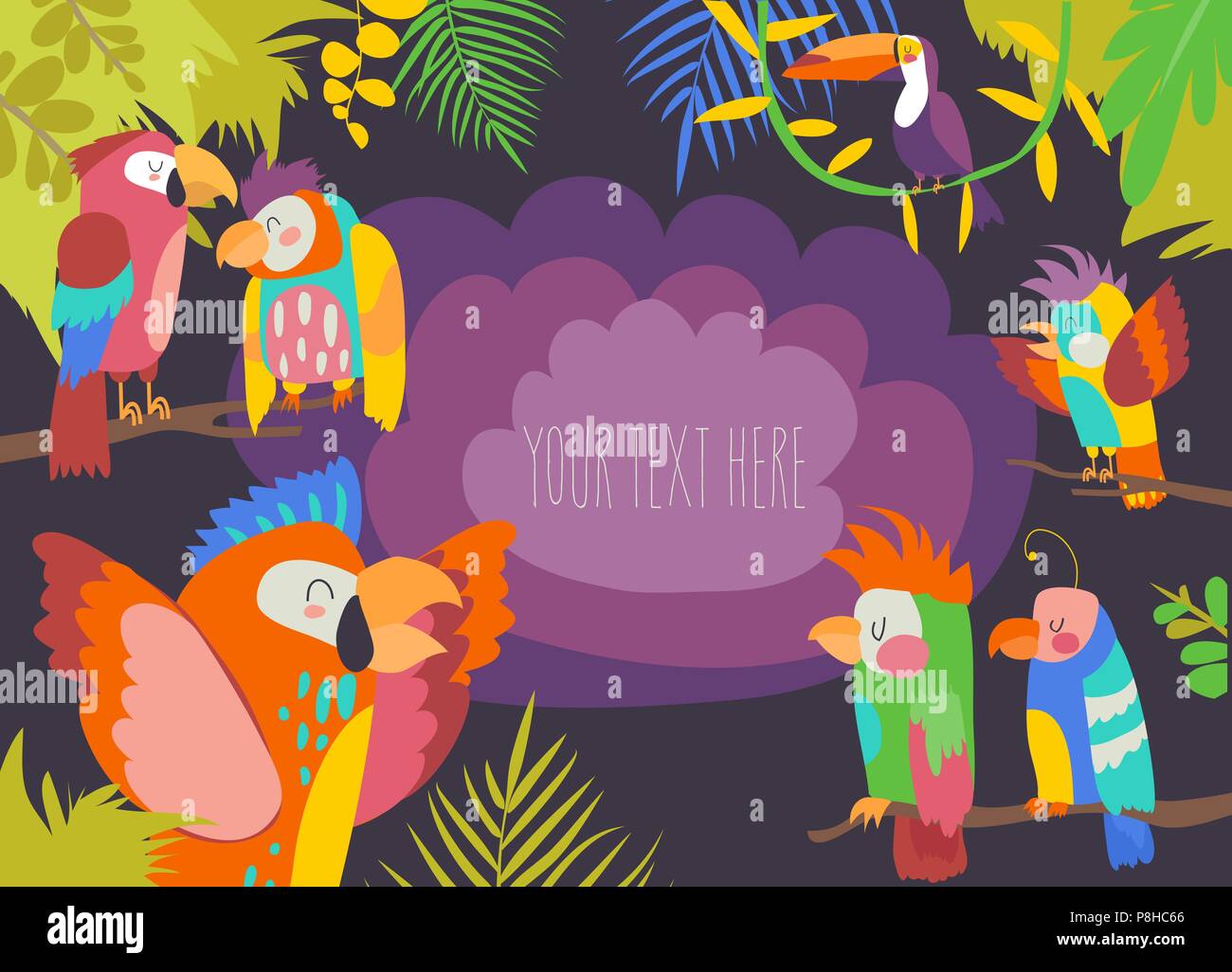 Cartoon paradiso tropicale telaio con pappagalli Illustrazione Vettoriale