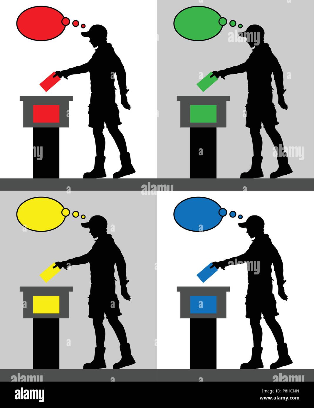 Giovane uomo elettore con sagome colorate differenti bolle di pensiero votando per elezione. Tutti gli oggetti di silhouette e gli sfondi sono in differenti Illustrazione Vettoriale