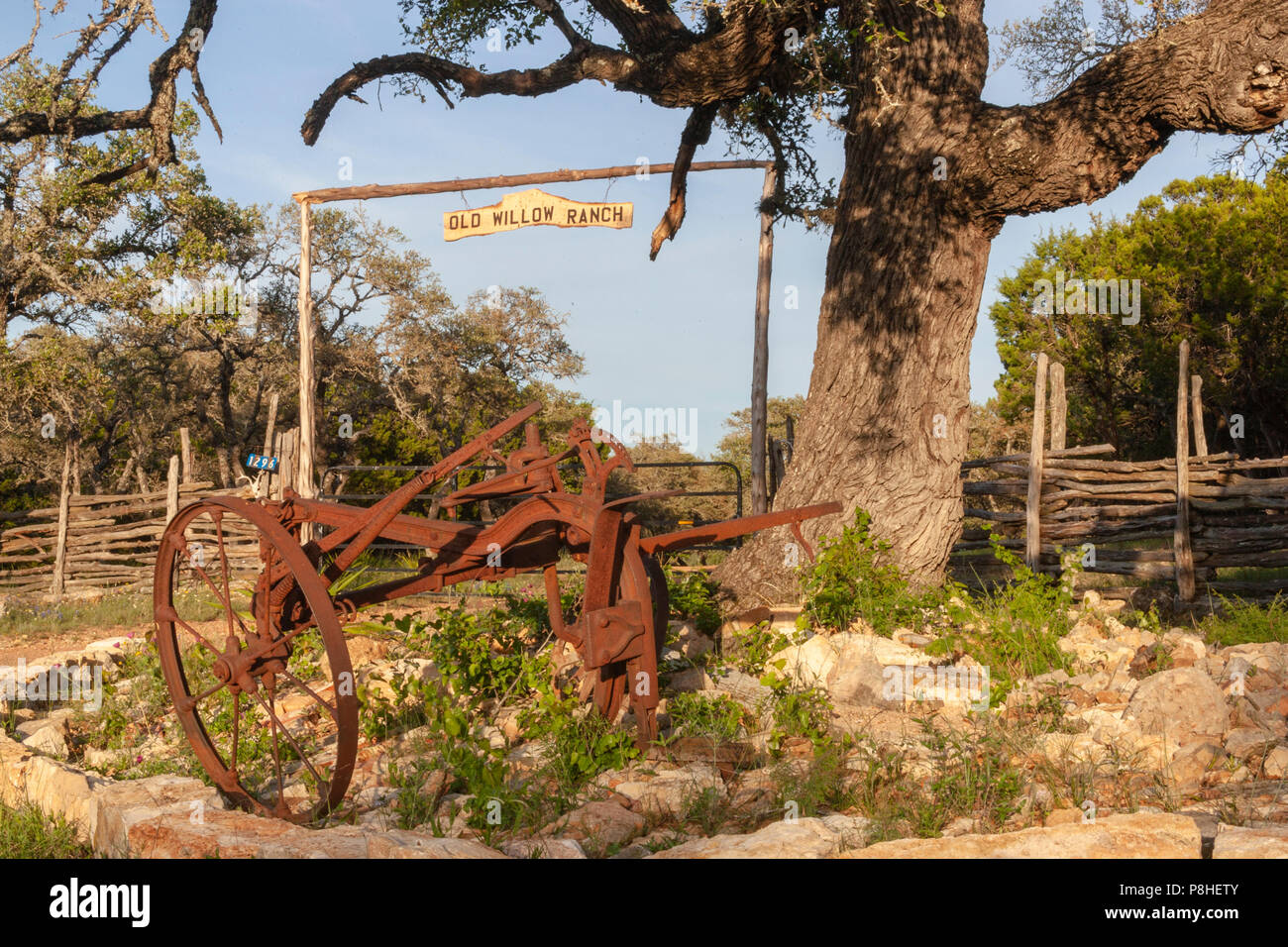 Ingresso all'Old Willow Ranch nel Texas centrale. Foto Stock