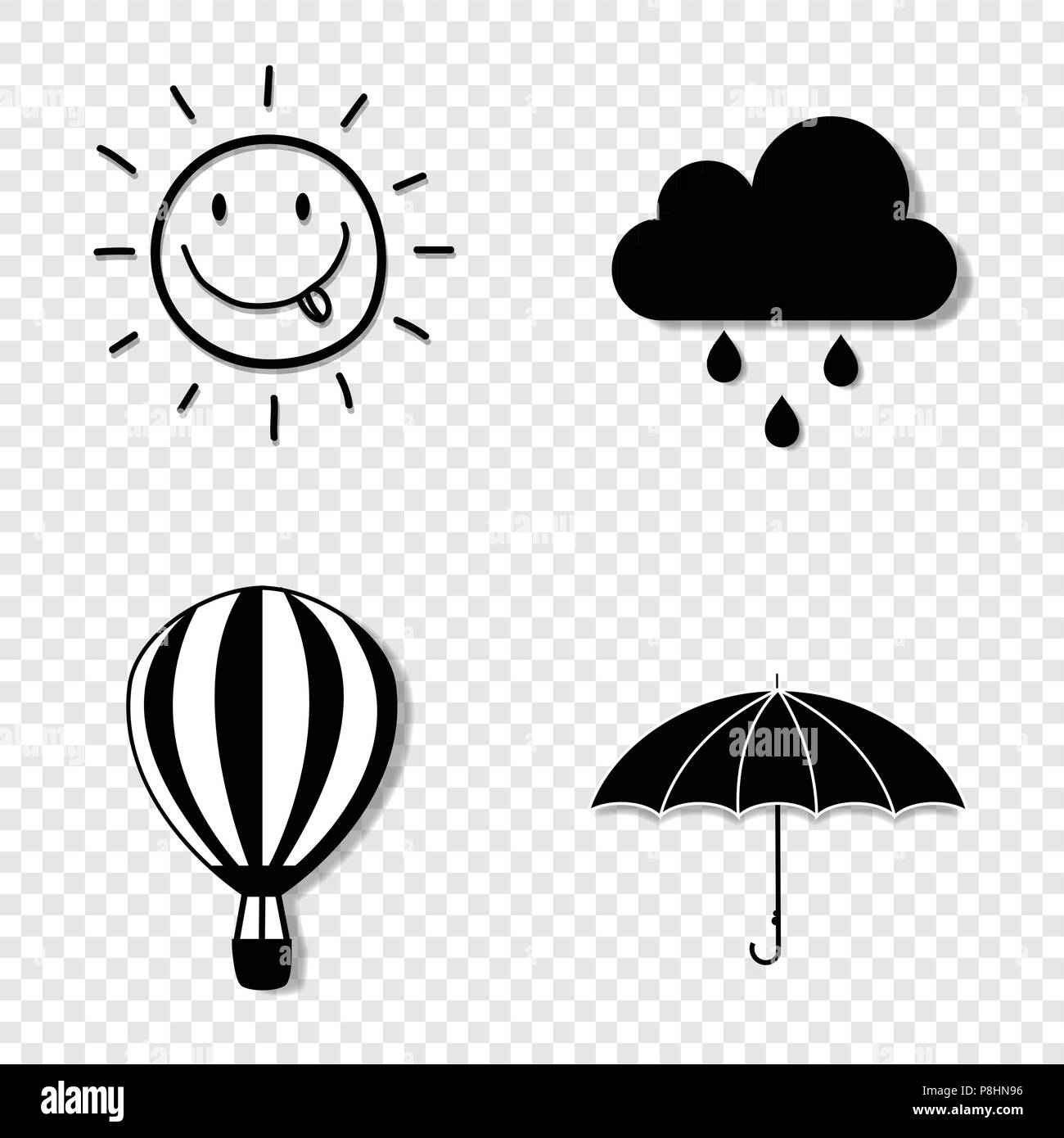Il vettore in bianco e nero silhouette illustrazione delle stagioni meteo il set di icone di raccolta isolati su sfondo trasparente. Sun sorridente, cloud piovosa, um Illustrazione Vettoriale