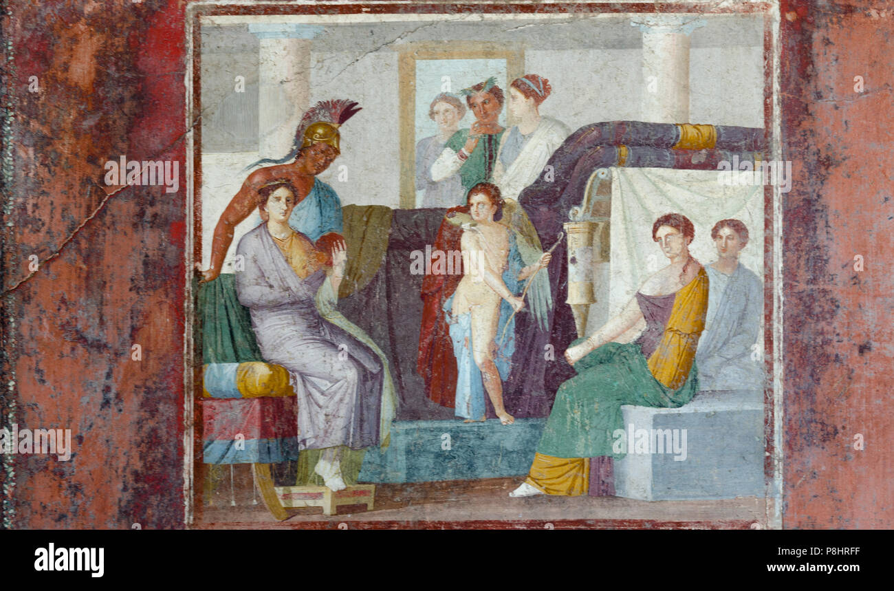 Parete di un tablinum con affresco di Venere e Marte in una casa dell antica Pompei sepolta dall'eruzione del Vesuvio nel 79 d.c. Foto Stock