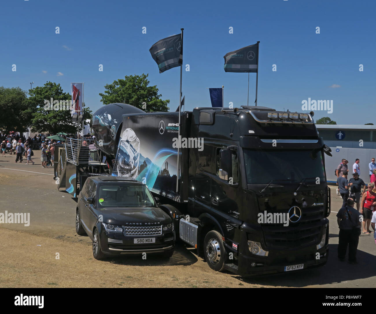 Mercedes F1 auto simulatore il GP di Gran Bretagna di Formula Uno, circuito di Silverstone, Towcester, Northamptonshire, England, Regno Unito, NN12 8TL Foto Stock