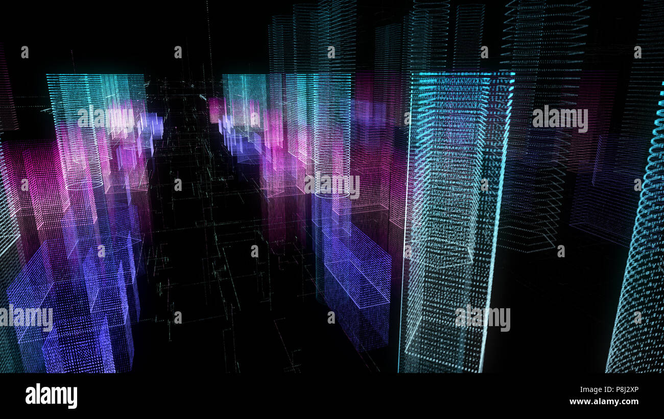 Abstract ologramma digitale 3D illustrazione della città con matrice futuristica Foto Stock