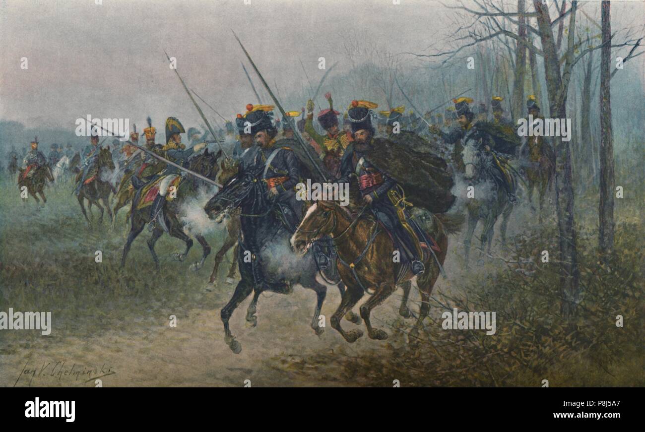 'Napoleone e il suo staff sorpresi dai cosacchi", 1812, (1896). Napoleone Bonaparte (1769-1821) è sotto attacco da parte di cosacchi russi durante il suo invasio Foto Stock