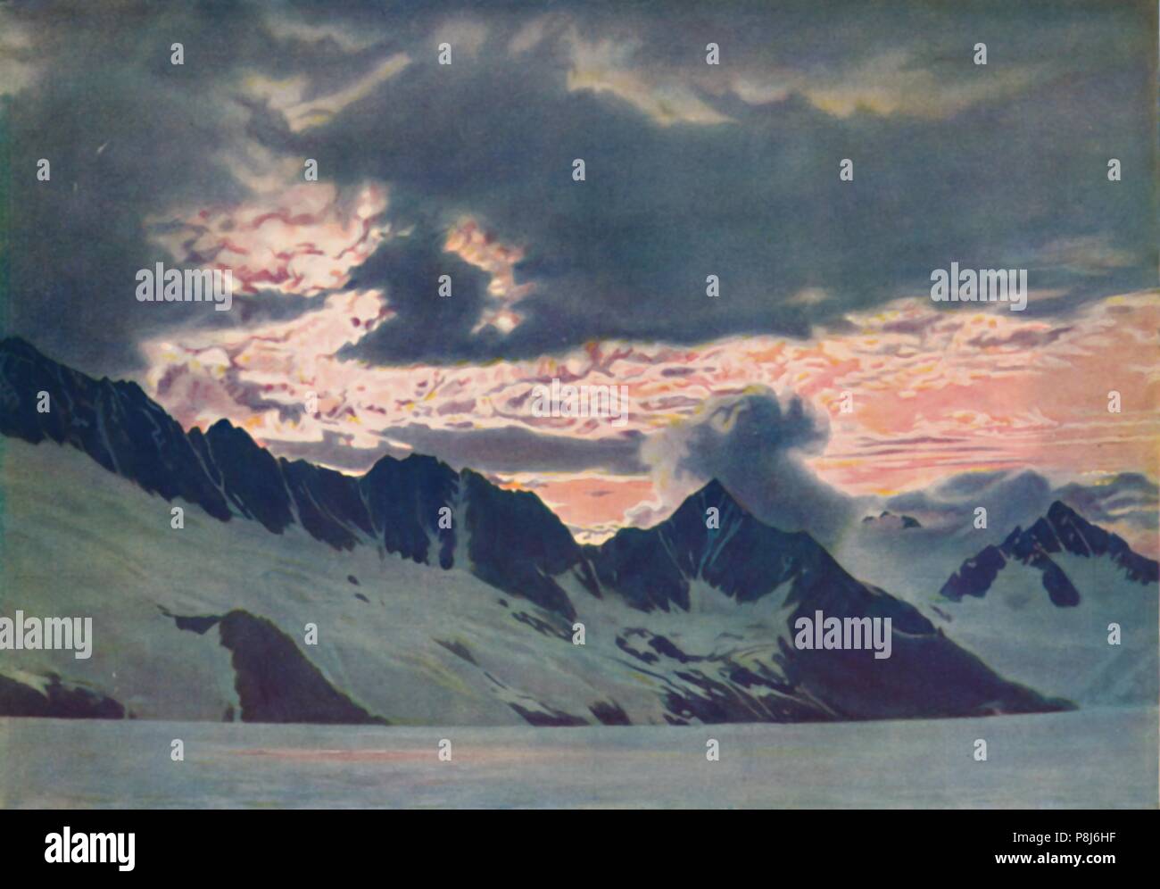 'Nella scia dell'alba: Verde nebbie visto sul picco alpino e Valle', C1935. Artista: sconosciuto. Foto Stock