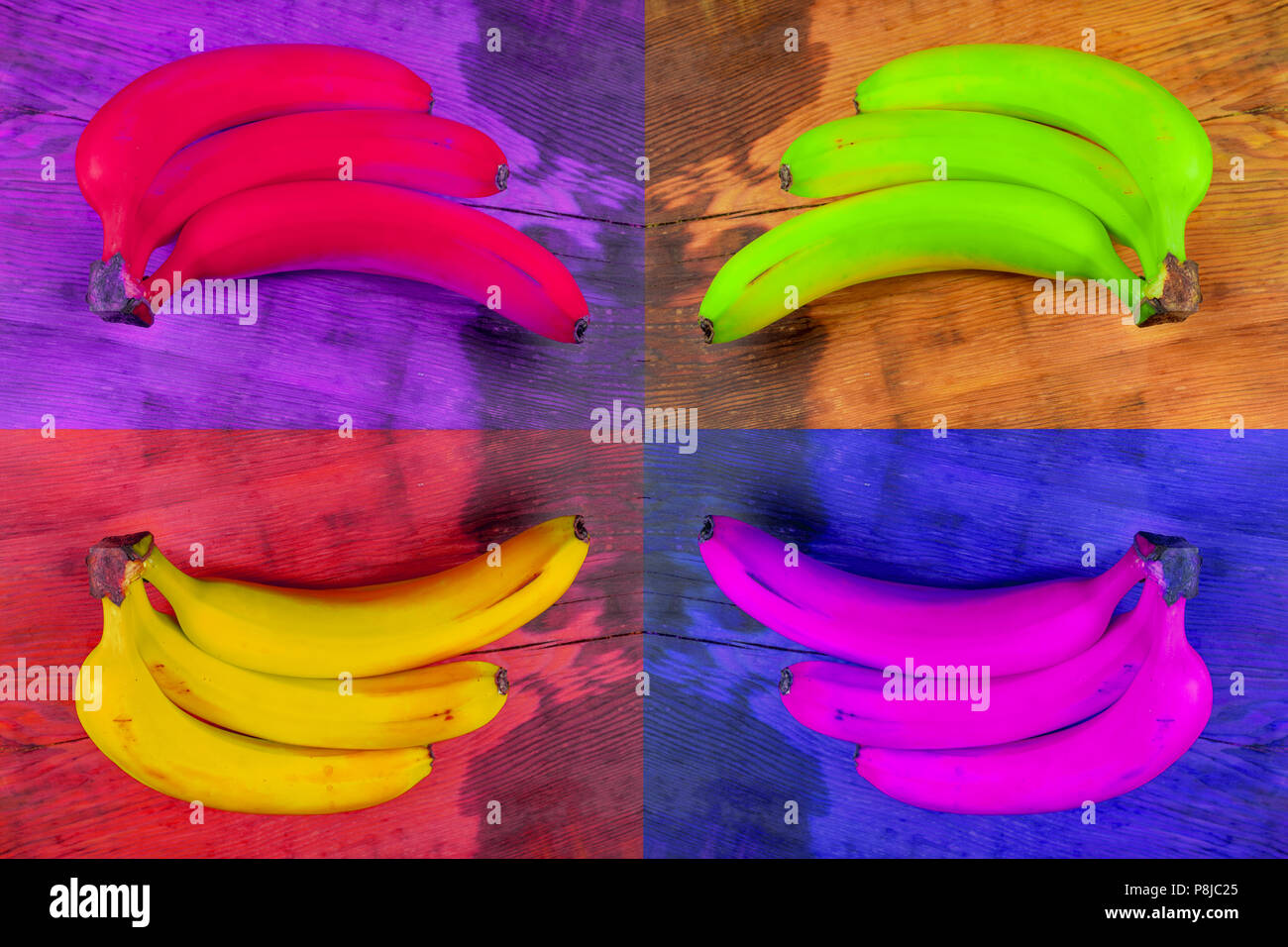 L'arte contemporanea collage. Concetto di colore. banana su legno in diversi colori. Il coraggio di essere diversi e individualità motivazione poster Foto Stock