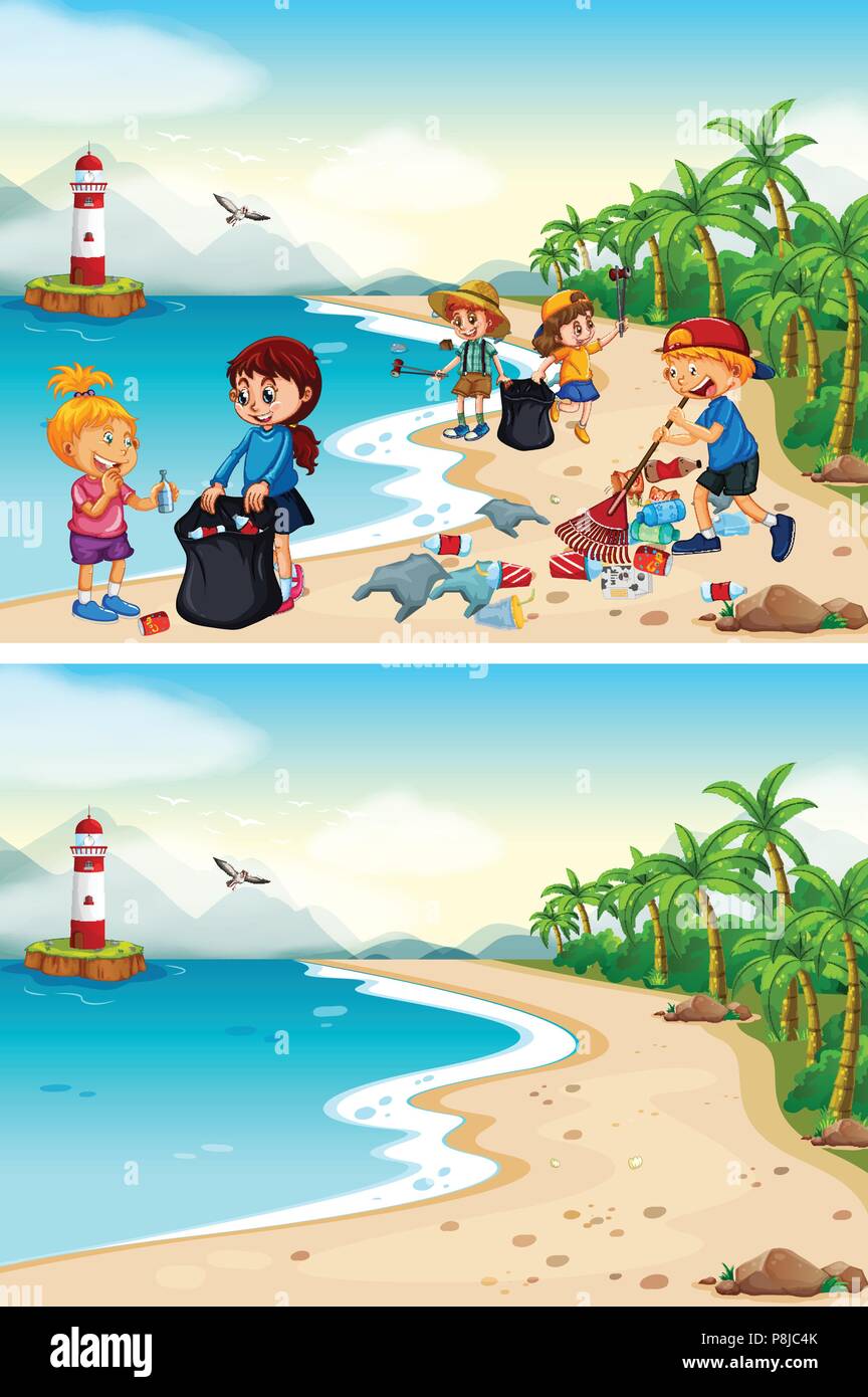 Prima e dopo la pulizia spiaggia illustrazione Illustrazione Vettoriale