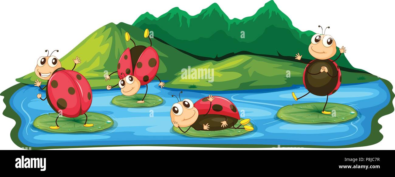 Felice Ladybug giocando al Lago di illustrazione Illustrazione Vettoriale