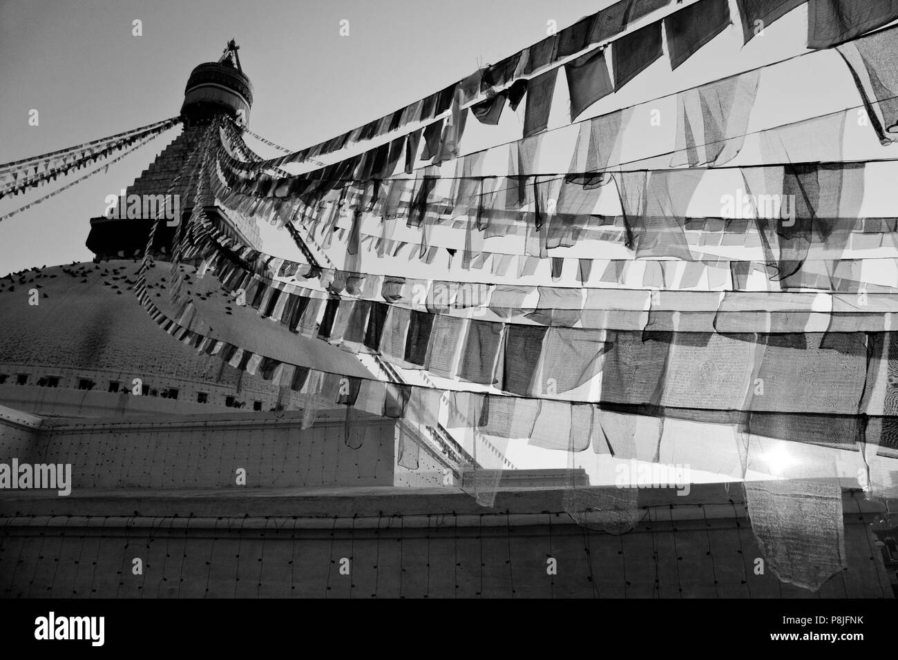 Preghiera tibetano bandiere soffiare la brezza a sunrise - BODHANATH STUPA, Kathmandu, Nepal Foto Stock