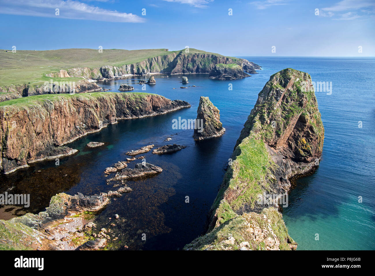 Spettacolare litorale con scogliere sul mare e pile a Westerwick, Continentale, le isole Shetland, Scotland, Regno Unito Foto Stock