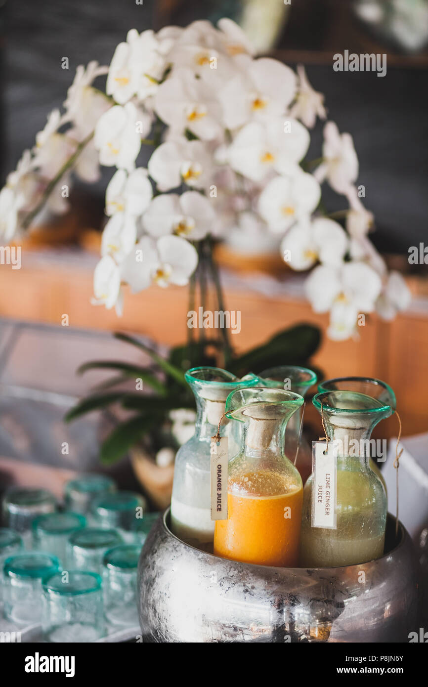 Set di bevande in bottiglie di vetro per la colazione, succhi di frutta freschi, latte, cocktail e frappè Foto Stock