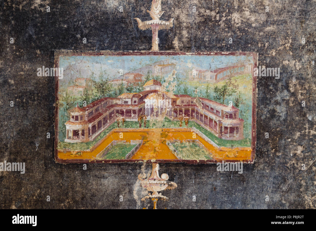 Rappresentazione di un paese mansion in un affresco dell antica Pompei sepolta dall'eruzione del Vesuvio nel 79 d.c. Foto Stock