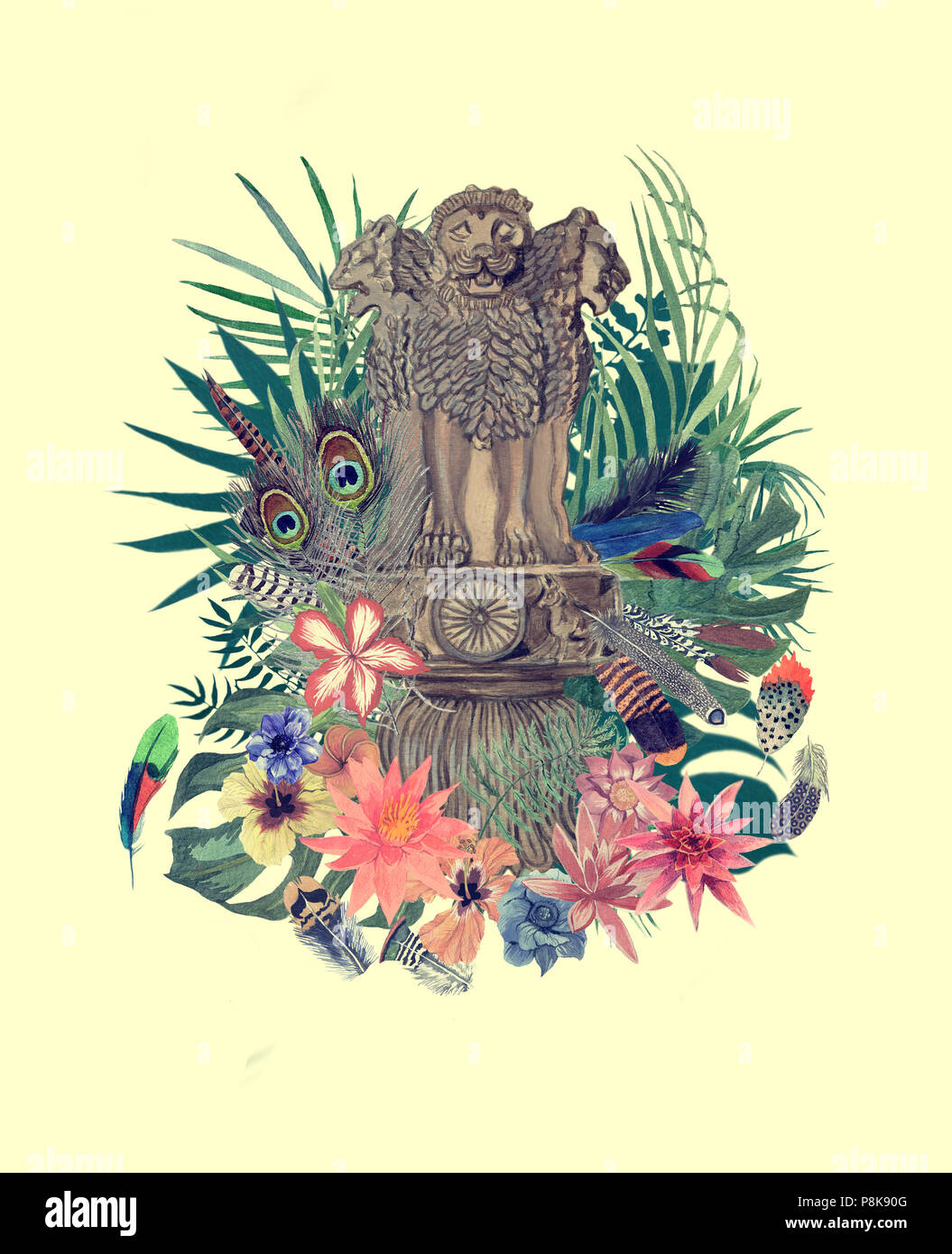 Acquerello disegnato a mano con illustrazione emblema indiano, fiori, foglie e piume. Foto Stock