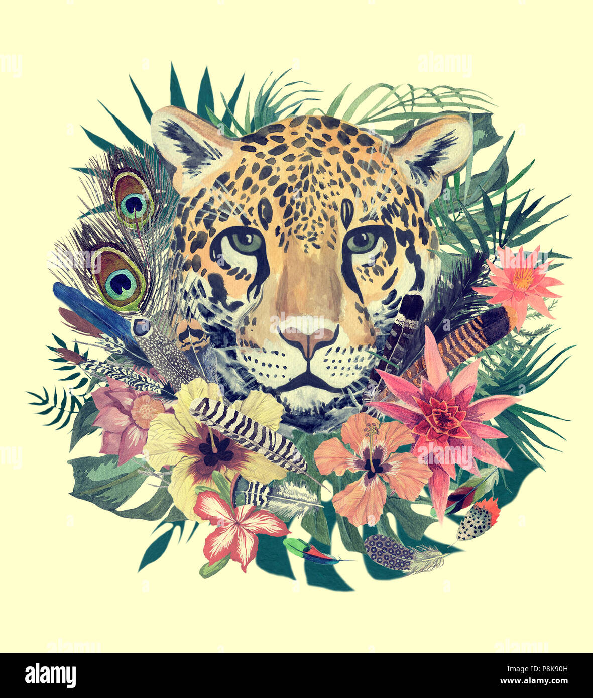 Acquerello disegnata a mano illustrazione con testa di leopard, fiori, foglie e piume. Foto Stock