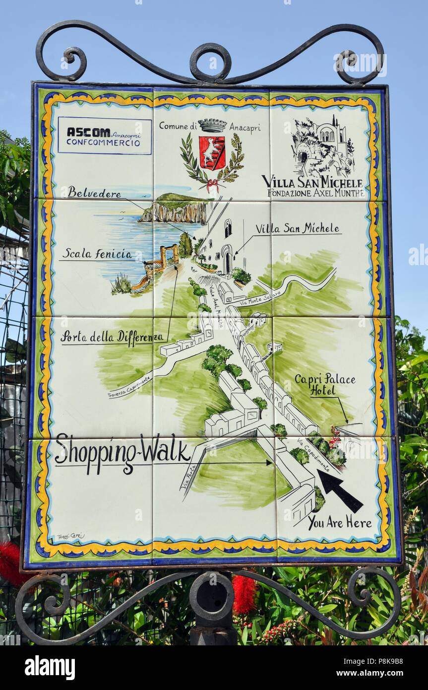 Piccola mappa dell'isola, la strada per Villa San Michele Foto Stock