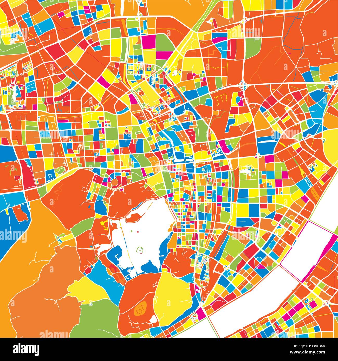Hangzhou, Cina, colorata mappa vettoriale. Strade bianche, ferrovie e acqua. Colore luminoso punto di riferimento forme. Stampa di arte pattern. Illustrazione Vettoriale