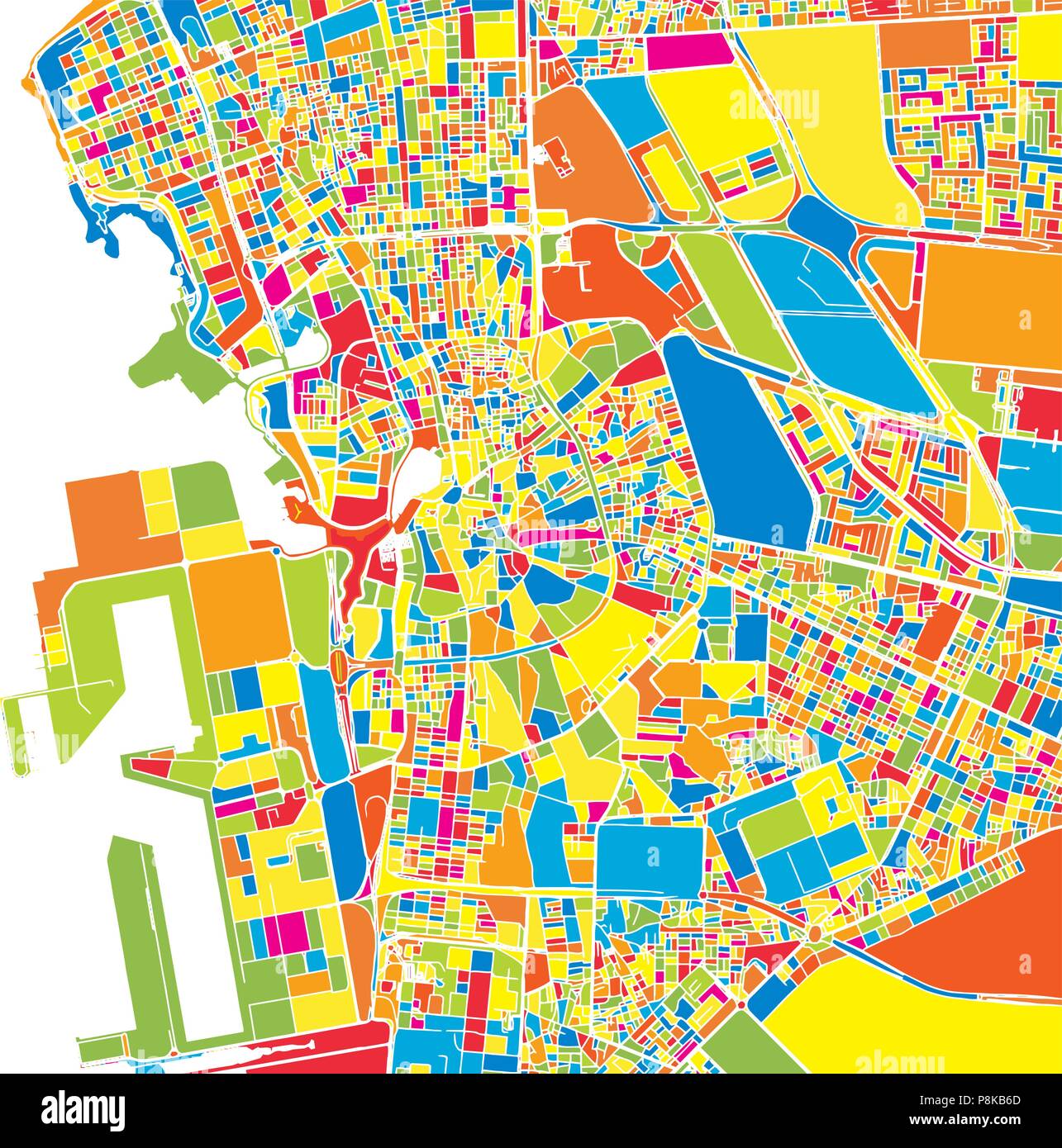 Jeddah, Arabia Saudita, colorata mappa vettoriale. Strade bianche, ferrovie e acqua. Colore luminoso punto di riferimento forme. Stampa di arte pattern. Illustrazione Vettoriale