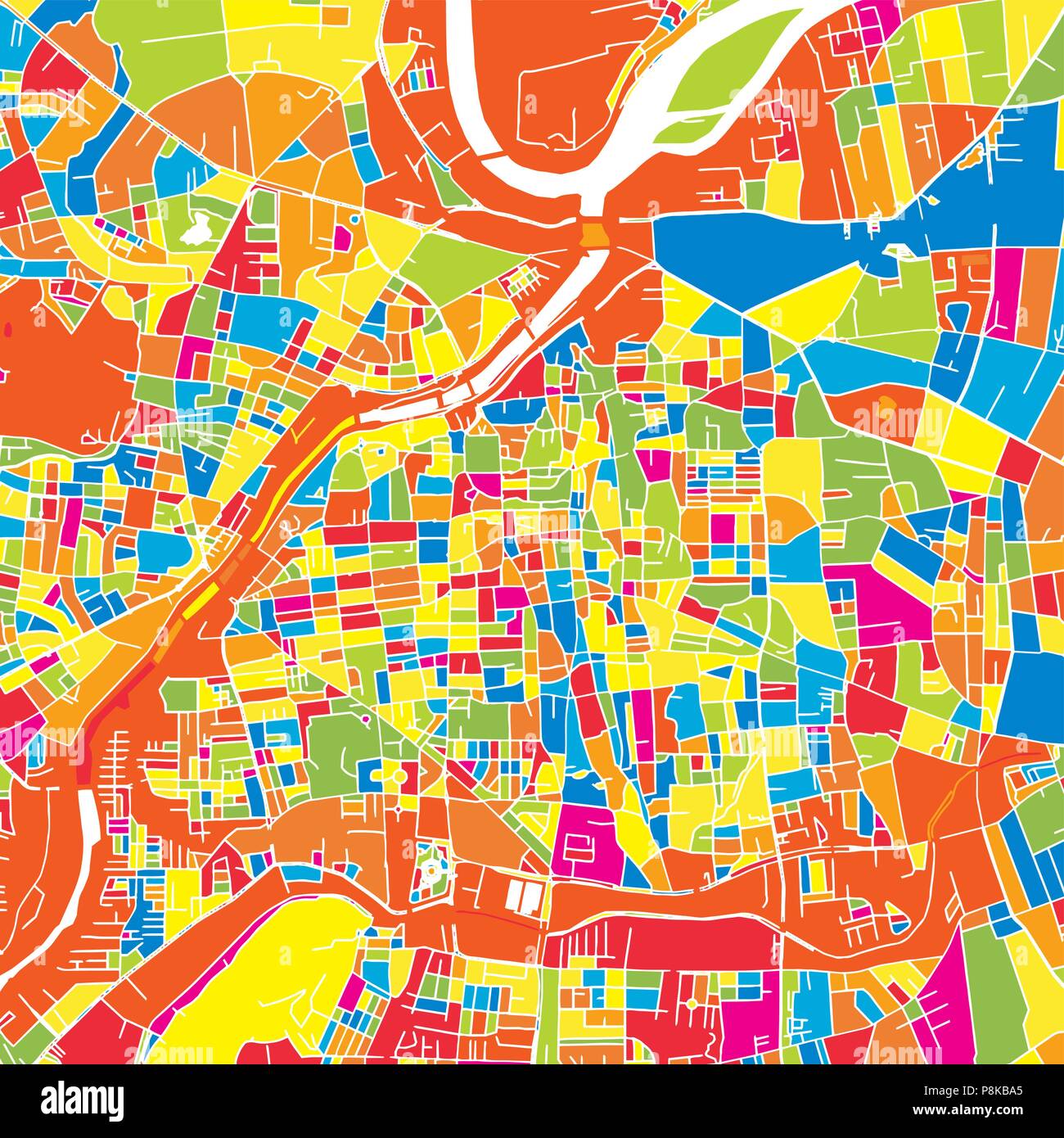 Pune, India, colorata mappa vettoriale. Strade bianche, ferrovie e acqua. Colore luminoso punto di riferimento forme. Stampa di arte pattern. Illustrazione Vettoriale