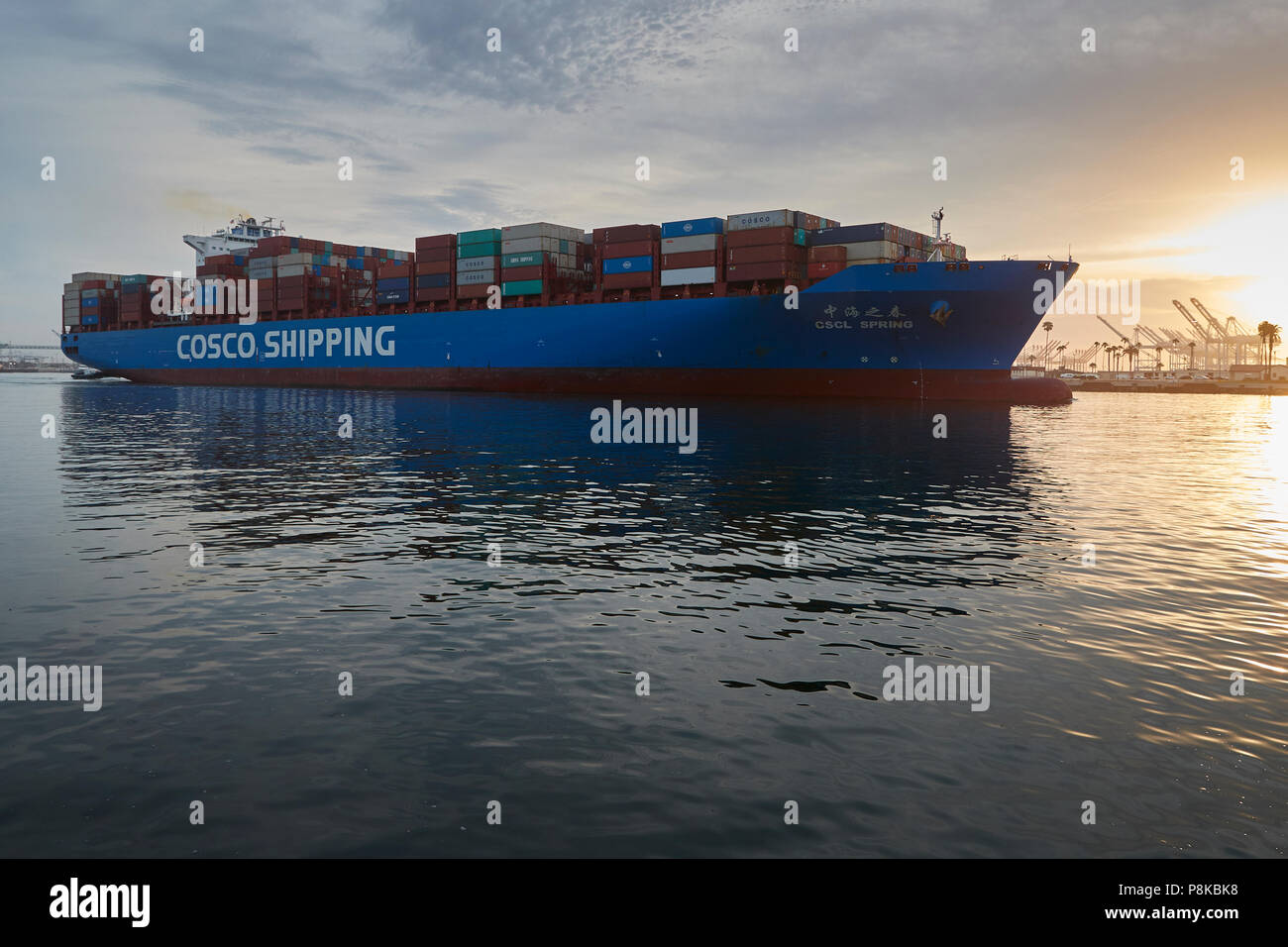 La Giant COSCO SHIPPING Container Ship, CSCL SPRING Con Partenza dal Porto di Los Angeles, California, USA, All'alba. Foto Stock