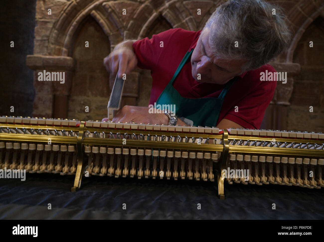 Un sintonizzatore di piano tunes un piano Steinway nella cattedrale di Magnus a Kirkwall Scozia foto di Dennis Brack Foto Stock