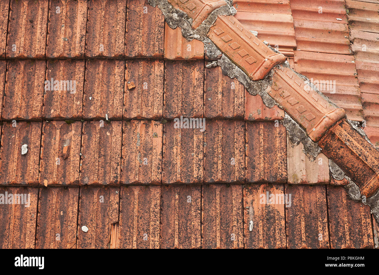 Il vecchio obsoleto tegole del tetto, i dettagli delle texture. Foto Stock