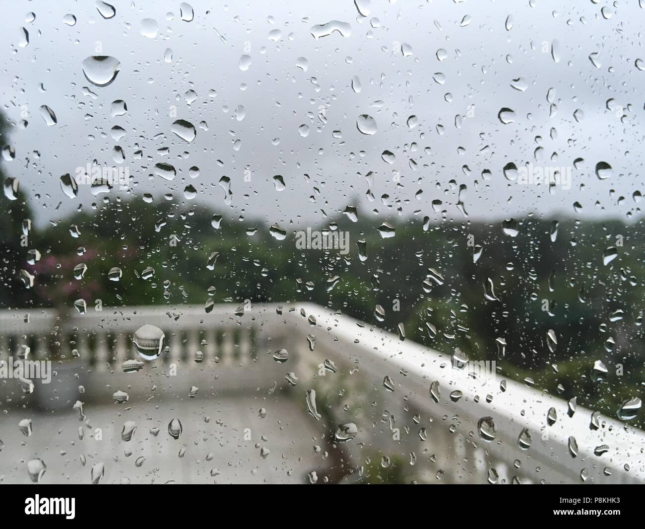 Gocce di pioggia su una finestra di vetro Foto Stock
