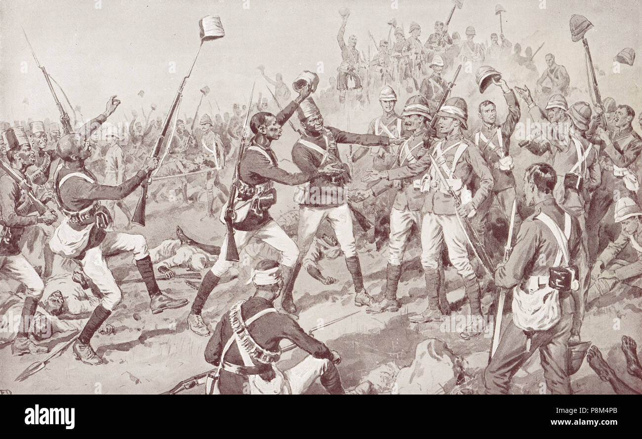 Forze anglo-egiziana di gioia, dopo la battaglia di Atbara, 8 Aprile 1898 Foto Stock